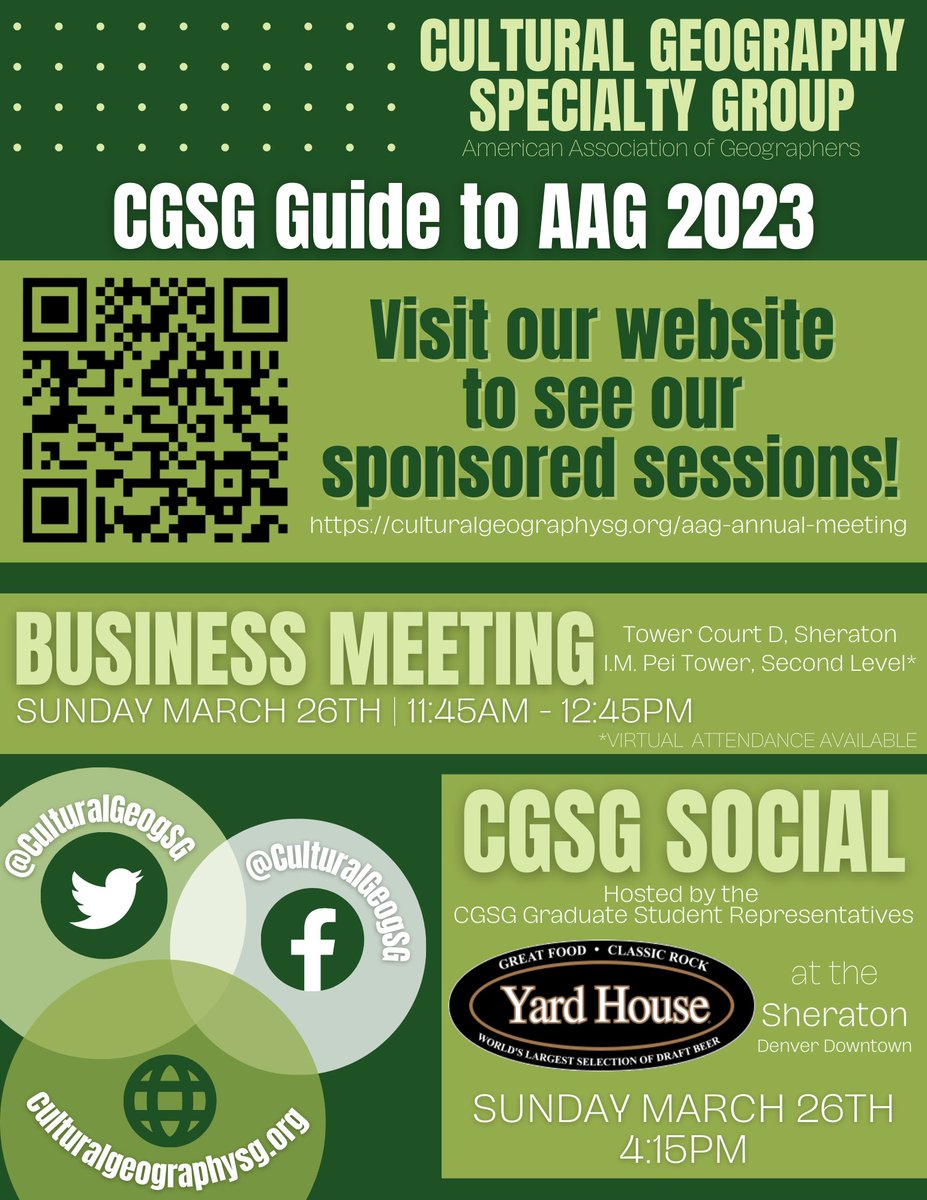 The Cultural Geography Specialty Group is grateful for the efforts of our community in organizing these upcoming sessions and programs at the 2023 <a href="/theAAG/">American Association of Geographers</a> Annual Meeting in Denver! While you're building your schedule, keep in mind this amazing line up. #AAGDenver #AAG2023