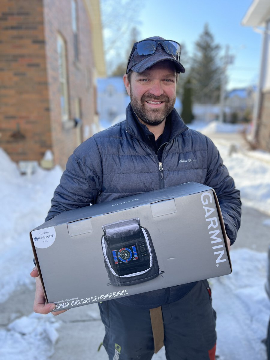FishHardDave's tweet photo. Chad Mathieu, the lucky winner of the Garmin EchoMap UHD2 55 Ice Bundle in the Lake Simcoe JUMBO Throwdown is all smiles! He’ll have more to smile about shortly as he & his wife are expecting any moment now! Congrats on both fronts Chad! #WINNING #ValuedSponsor #GarminCanada https://t.co/Kd53SDtefz