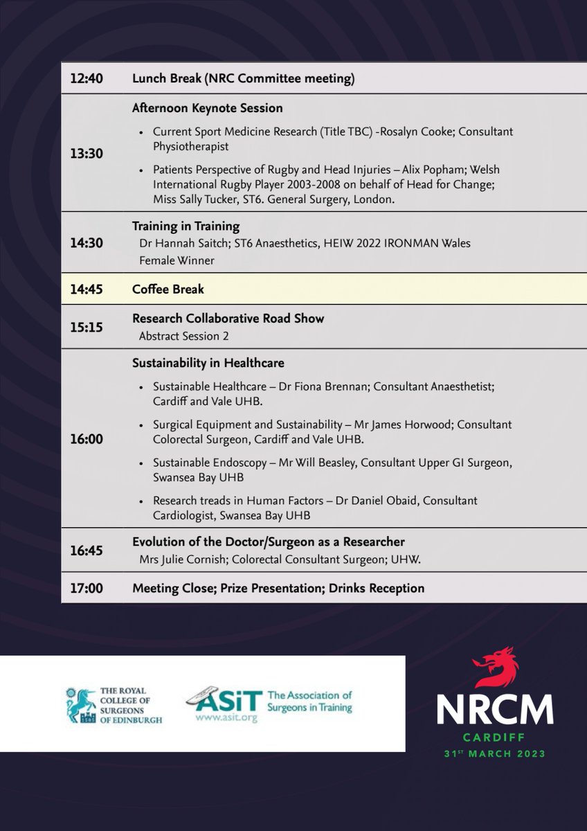 ** NRCM 2023 Official Programme ** 

Here at NRCM we've been working hard to finalise our 2023 conference programme and here it is! 

Final tickets left, don't miss out ! 

#NRCM2023 #collaborativeresearch #conference #me4surgery #asit #rcsed #Medical #research #cardiff #wales