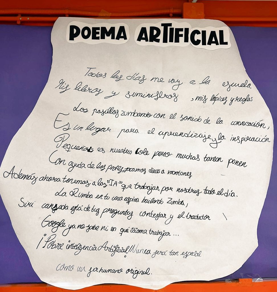 vmh_feye's tweet photo. Poema compuesto por los alumnos de 5° de #Primaria y una Inteligencia Artificial generadora de textos como desempeño del proyecto "IA" #vmhFEyE #colegiosFEyE #ProyectoDeComprension https://t.co/zd14AdUV9u