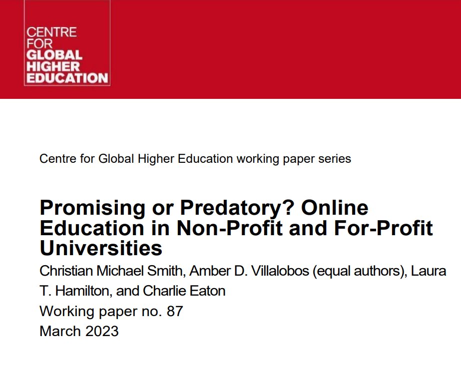 SmithChristianM's tweet image. NEW: Black &amp;amp; low-inc students are disprop. in online 4yr programs, these progs. relate to worse grad &amp;amp; loan repayment outcomes, &amp;amp; the patterns exist at both for-profits AND nonprofits.

@amber_d_villa's, Laura Hamilton's, @CharlieEatonPhD's, and my paper: researchcghe.org/publications/w…