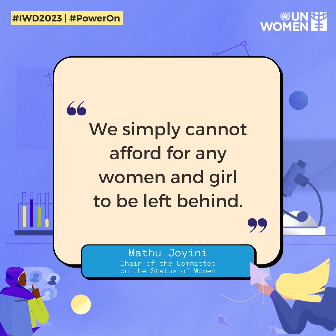 UN Women (@un_women) on Twitter photo "The inclusion of women and girls as key role players in the digital revolution offers current and future generations a distinct opportunity to address and solve the most critical sustainable development and humanitarian challenges."
- Mathu Joyini, Chair of <a href="/UN_CSW/">United Nations CSW</a> on #IWD2023 "The inclusion of women and girls as key role players in the digital revolution offers current and future generations a distinct opportunity to address and solve the most critical sustainable development and humanitarian challenges."
- Mathu Joyini, Chair of <a href="/UN_CSW/">United Nations CSW</a> on #IWD2023