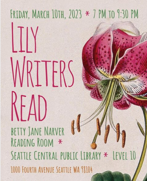 PoetryLily's tweet photo. Join us for an AWP offsite  on FRIDAY, MARCH 10 at 7pm at the SEATTLE CENTRAL PUBLIC LIBRARY. Hear a passel of poets as well as some special guests.

#poetry #poetrycommunity #awp23seattle #awp #awp23 #writerslife #poetslife #lilypoets https://t.co/LFYmK9vzR2