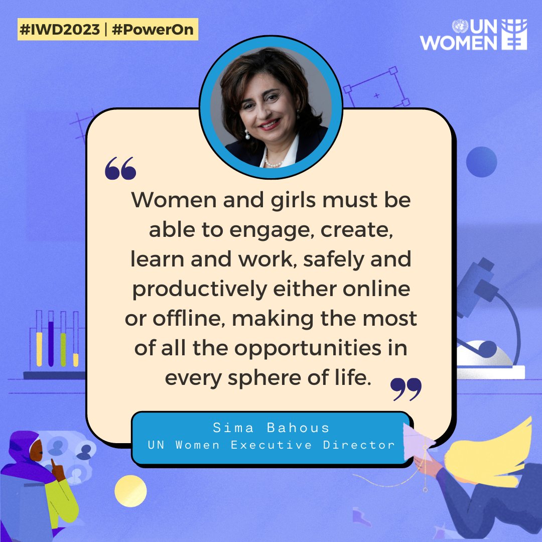 "Technology and innovation are game changers. If used widely, they can bring us back on track for the SDGs and a more peaceful world."
- <a href="/unwomenchief/">Sima Bahous</a> Sima Bahous on #IWD2023

#InternationalWomensDay #PowerOn