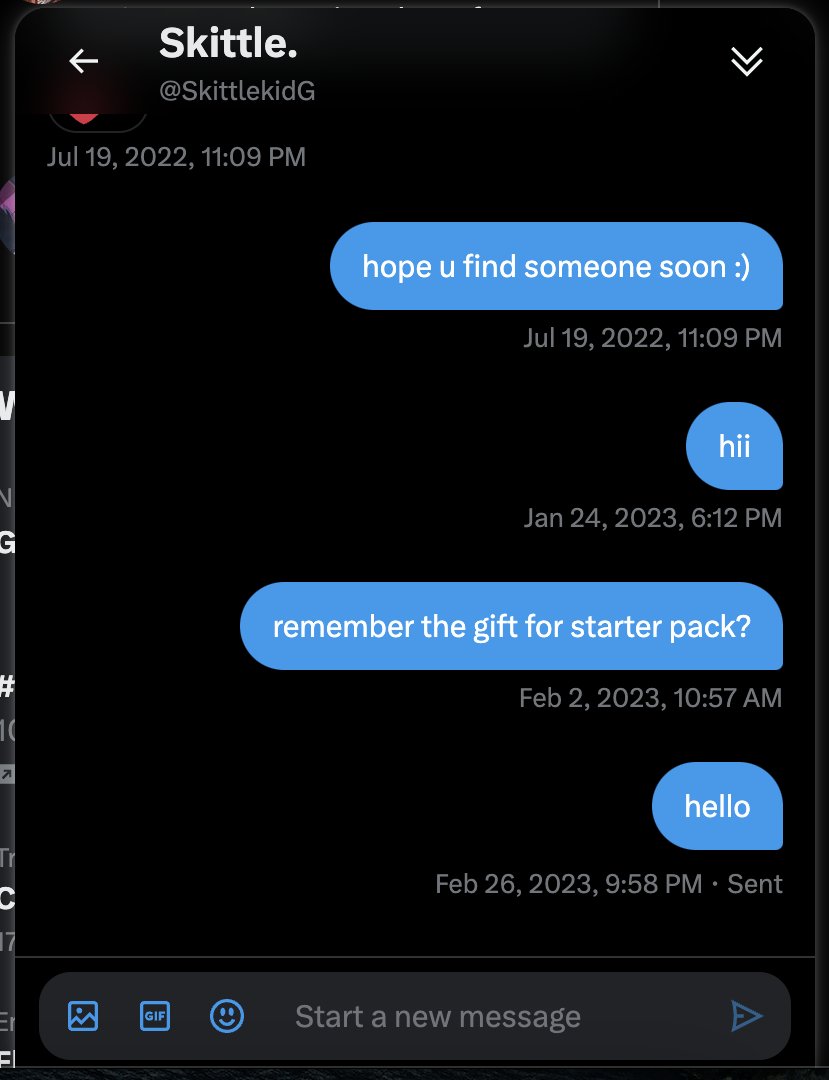 <a href="/SkittlekidG/">.</a> is a scammer! I gifted them an emote and they agreed to give me the c4 s1 starter pack. It's been about 3-4 months and I still have not received my end of the deal.  #skittlelegit