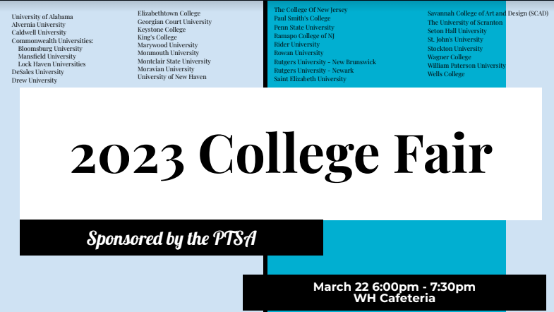Join us for our 2023 College Fair on March 22 from 6-7:30pm in the cafeteria!