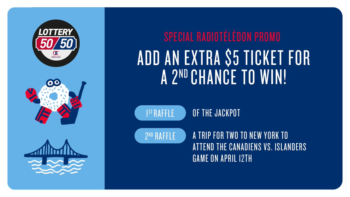 ⚡️ SPECIAL RADIOTÉLÉDON 50/50 RAFFLE ⚡️ This package includes 2 round trip business class tickets with Air Canada and 2 Club tickets at UBS Arena.🤩 Buy your tickets now: en.5050.canadiens.com