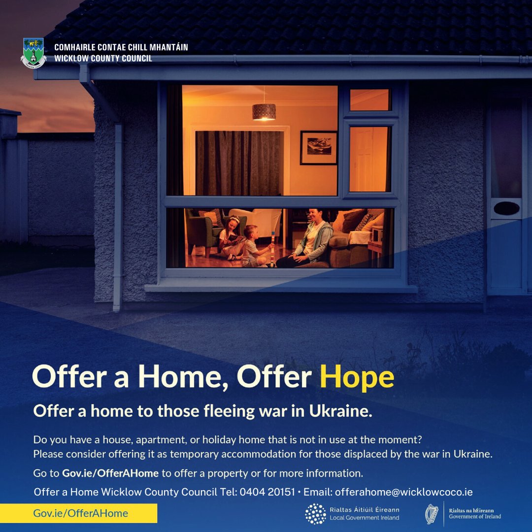 wicklowcoco's tweet photo. Wicklow County Council is appealing to those who have unoccupied properties to offer them as temporary homes for those fleeing war in Ukraine'

Property owners can offer homes at https://t.co/cnF55Lm4I1 or by contacting their Local Authority. https://t.co/trO8f1YFgn