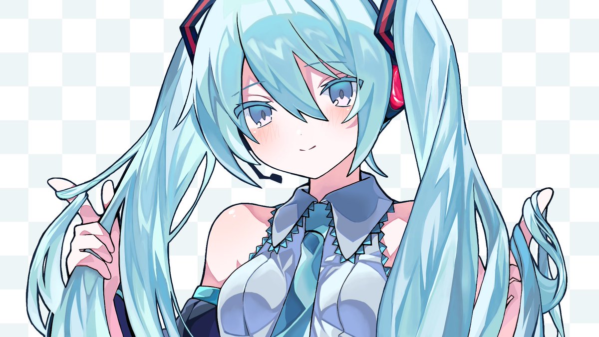 hatsune miku 1girl solo twintails long hair necktie smile detached sleeves  illustration images