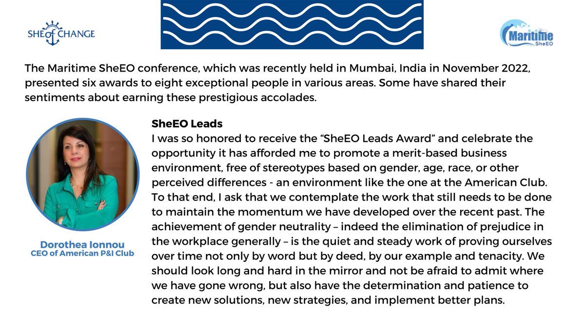 Celebrate @womensday 2023 with @RodeaIoannou’s reflections on the “#SheEO Leads #Award” in the March issue of @MaritimeSheEO’s “She of Change”.

Insights from award winners, a complement of articles, essays & interviews w/ female industry thought leaders: maritimesheeo.com/magazines/