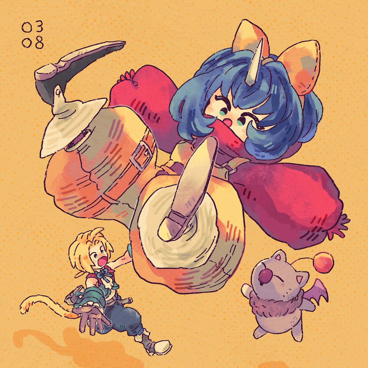 moogle ,zidane tribal 1girl single horn horns blue hair gloves 1boy blonde hair  illustration images