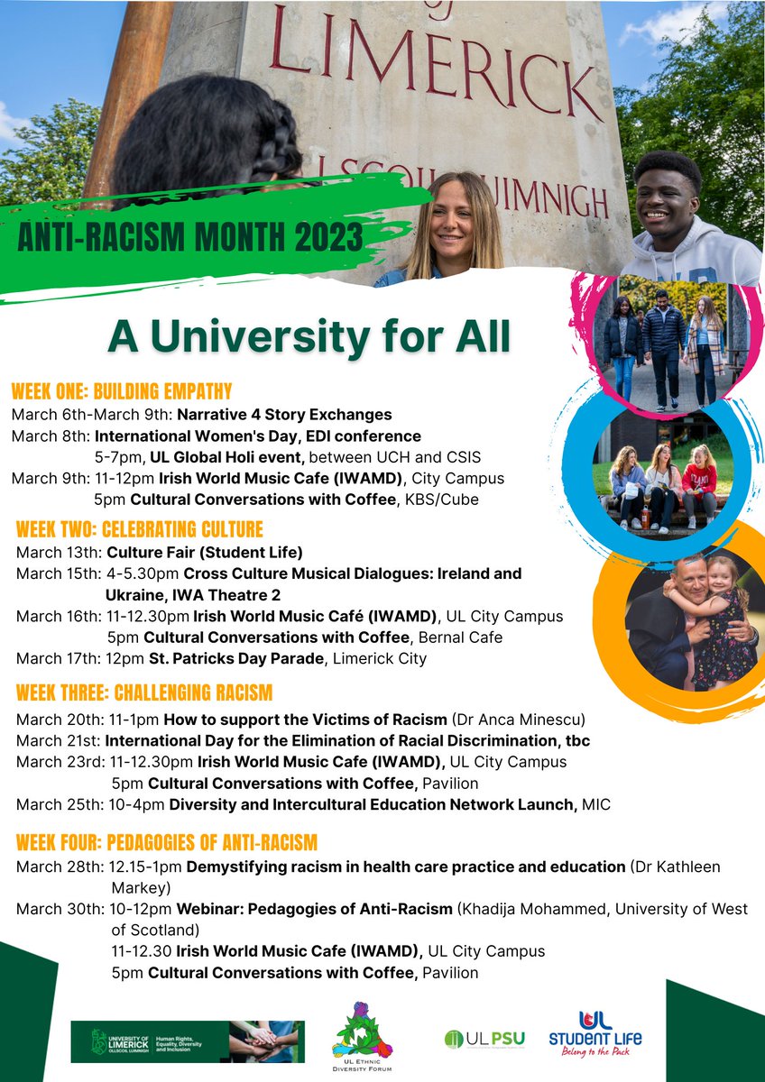 Health Research Institute (@hri_ul) on Twitter photo #ICYMI
March is anti-racism month in <a href="/UL/">University Of Limerick</a>.
There is a series of workshops and events running throughout the month.
#AUniversityForAll #EDI #ICYMI
March is anti-racism month in <a href="/UL/">University Of Limerick</a>.
There is a series of workshops and events running throughout the month.
#AUniversityForAll #EDI