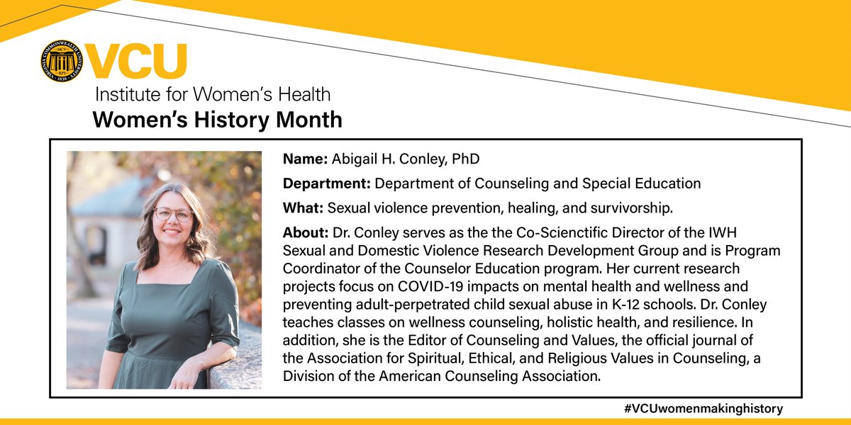 IWHVCU (@iwhvcu) on Twitter photo On day 8 of #WomensHistoryMonth2023 and #VCUwomenmakinghistory we highlight the work of
Dr. Abigail Conley of <a href="/vcusoe/">VCU School of Education</a>, whose work focuses on sexual violence #prevention and #survivorship. Thank you for inspiring us, Dr. Conley! On day 8 of #WomensHistoryMonth2023 and #VCUwomenmakinghistory we highlight the work of
Dr. Abigail Conley of <a href="/vcusoe/">VCU School of Education</a>, whose work focuses on sexual violence #prevention and #survivorship. Thank you for inspiring us, Dr. Conley!