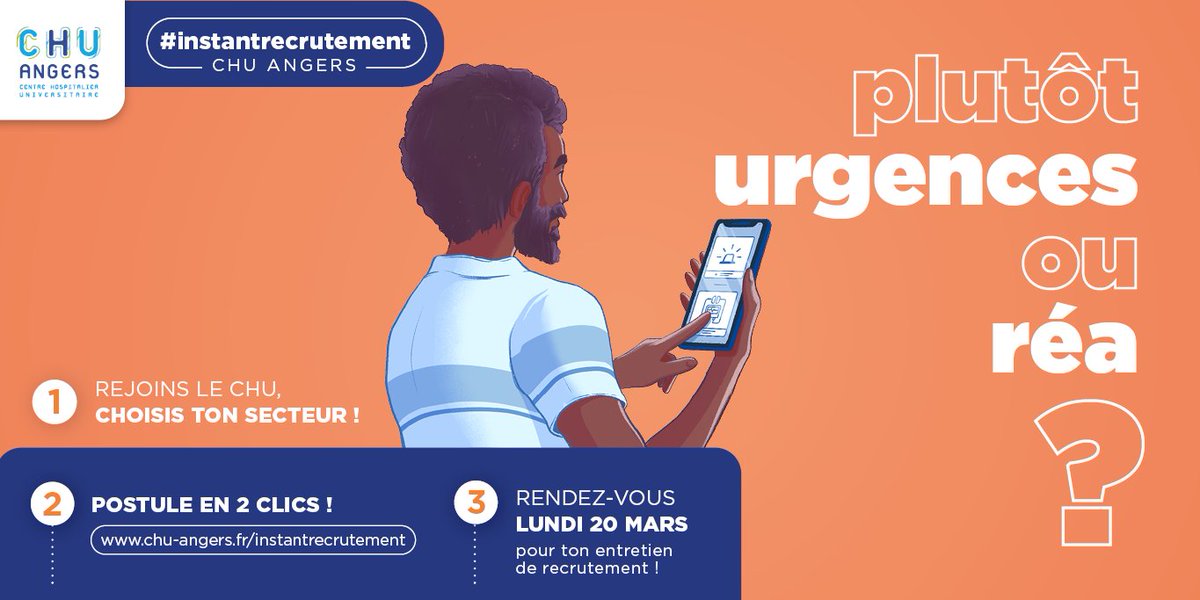 #Instantrecrutement au #CHUAngers 📣

Rien de + simple :
1️⃣ Inscris-toi sur  chu-angers.fr/instantrecrute…
2️⃣ Choisis ton secteur d'affectation
3️⃣ Passe ton entretien le 20 mars
4️⃣ Si c'est concluant, tu reçois ta promesse d'embauche le jour même

+ d'infos : bit.ly/3IY0gLv
