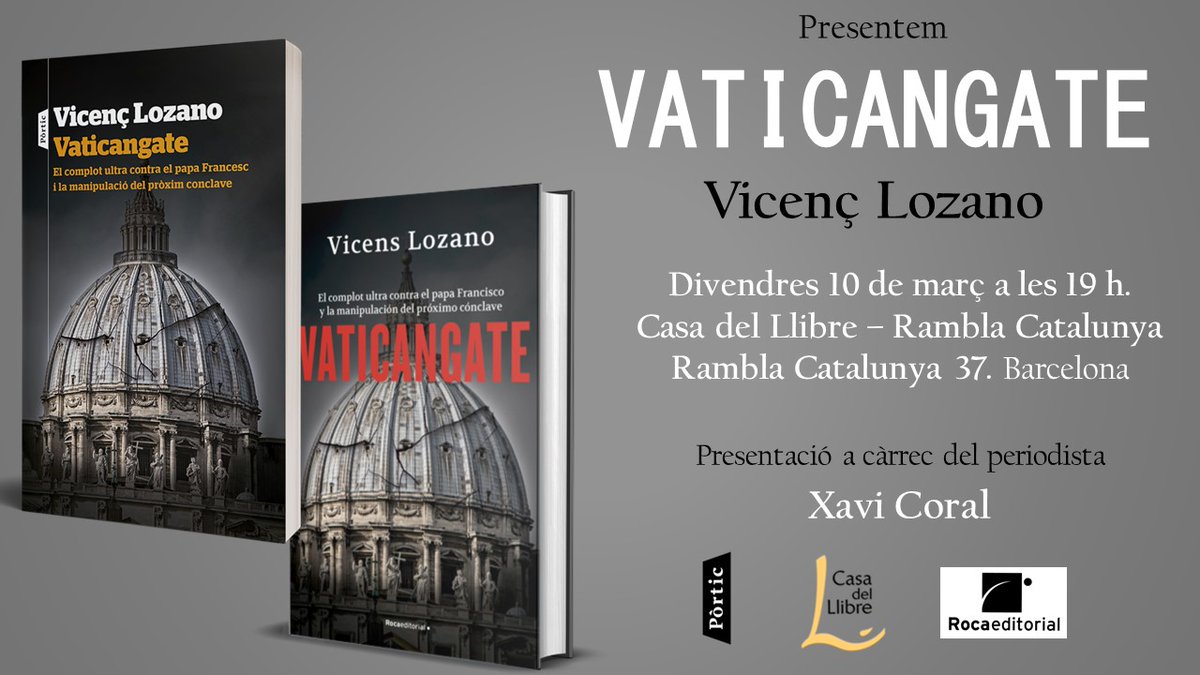 🗓 Divendres 10 de març presentem el llibre ‘Vaticangate’ de 
@vicenslozano

 ⏱A les 19h
📍  A la 
@casadellibro
, #RamblaCatalunya, BCN
🙌 Presentació a càrrec de @xavicoral 

➡ Us hi esperem!