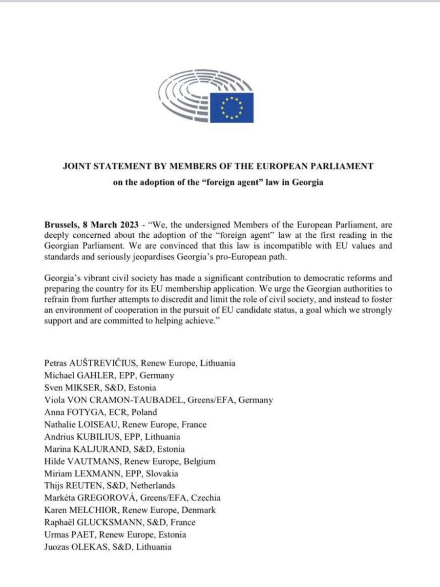 KShoshiashvili's tweet photo. .@Europarl_EN members urge Georgian authorities to refrain from further attempts to discredit and limit the role of civil society, instead to foster it, which is crucial for Georgia’s EU membership candidate status aspirations. #NoToRussianLaw https://t.co/nvAlOtLmz9