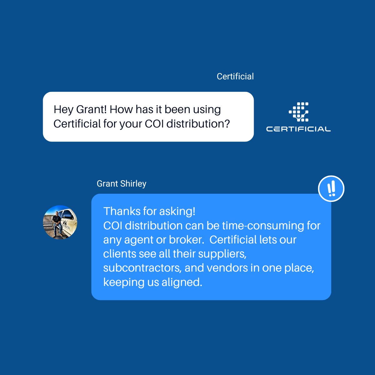 Certificial (@becertificial) on Twitter photo Agents and Brokers utilize Certificial to help automate COI distribution for their clients, saving them countless hours. We recently checked in with an Agent that just went through a renewal, and check out what they had to say. Agents and Brokers utilize Certificial to help automate COI distribution for their clients, saving them countless hours. We recently checked in with an Agent that just went through a renewal, and check out what they had to say.