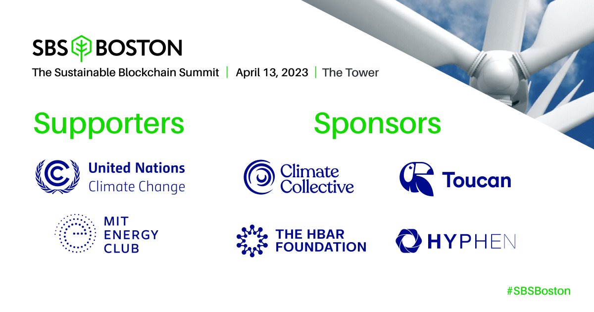 filecoingreen's tweet photo. The Sustainable Blockchain Summit is headed to Boston on April 13, 2023. π
Thanks to our supporters @UNFCCC & @mitecclub and sponsors @HBAR_foundation, @ToucanProtocol, @HYPHEN_AG and @clim8collective for helping us bring this event to life.
#SBSBoston #MITEC2023 https://t.co/0NauFRRqAD