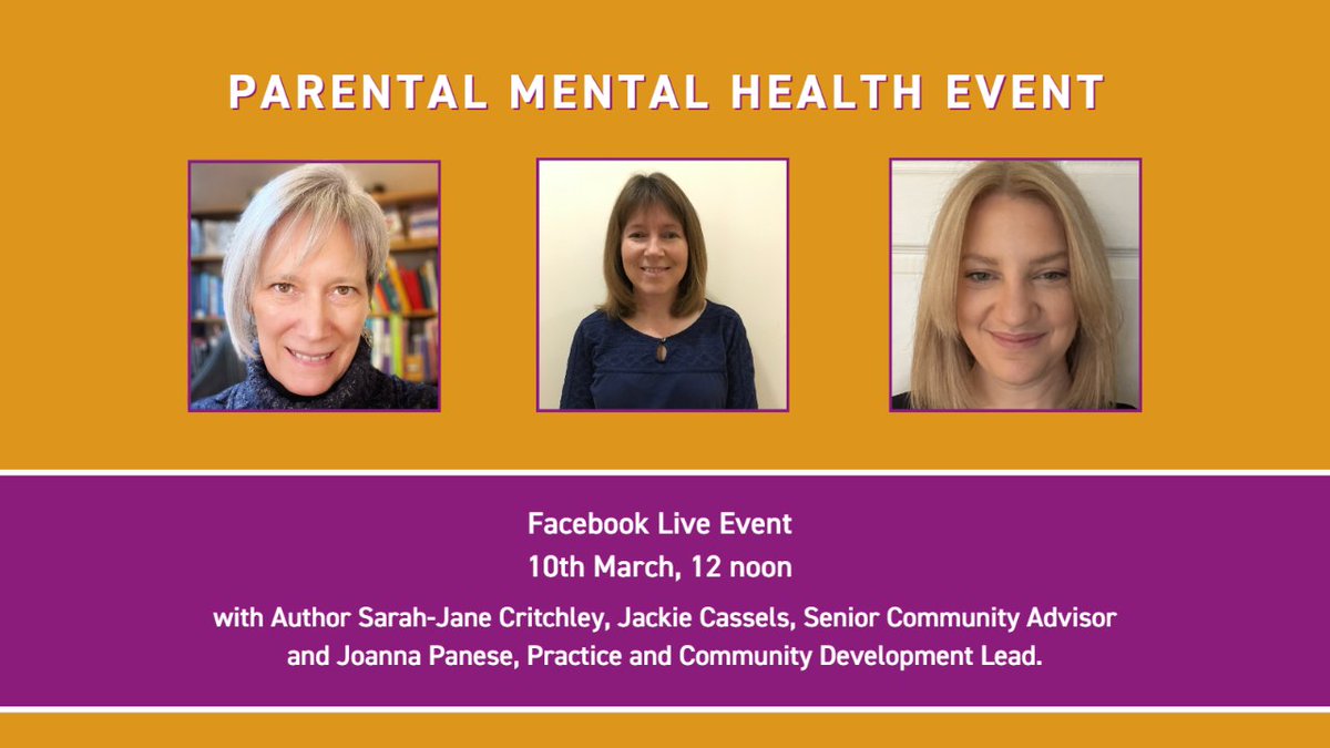 Join us for a Facebook Live Event on 10th March at 12pm as part of Parental Mental Health Awareness Week, with @SarahJaneCritch, Jackie Cassels, Senior Community Advisor & @JoannaPanese, Practice & Community Development Lead
Read more about this event here bit.ly/3ILxXQq