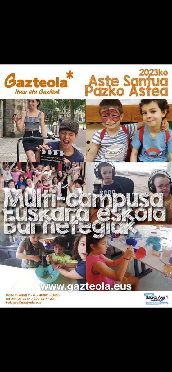 Haur eta gazteentzat Bilbon apirilaren 11tik 14ra (Pazko astean):

6-11 urte: multi-campusa ekintza ugarirekin ( sukaldaritza, euskara jolasak, bideorallyak...)

12-15 urte: euskara eskola (Euskara indartzeko eta ikasteko ludikotasunetik )

gazteola.eus