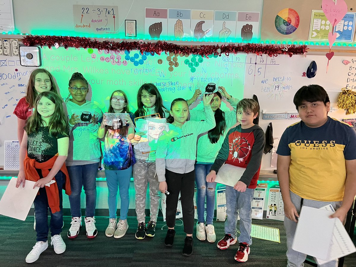 🍀 🌈 💫 🦄 
“A couple leprechauns (who are definitely not Mrs. Nichols and Mrs. Wilkes) stole our lucky charms!!”

4th grade mathematicians had to work with their team to find all 6 of their hidden lucky charms that went in their specific pot of gold!