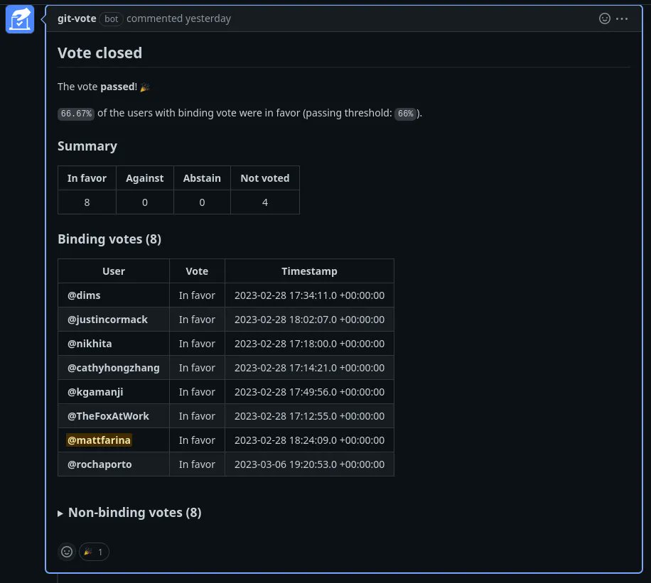 The <a href="/cloudnativefdn/">CNCF</a> TOC just did our first vote using Gitvote. Super easy and tracable.

gitvote.dev and github.com/cncf/sandbox/i…