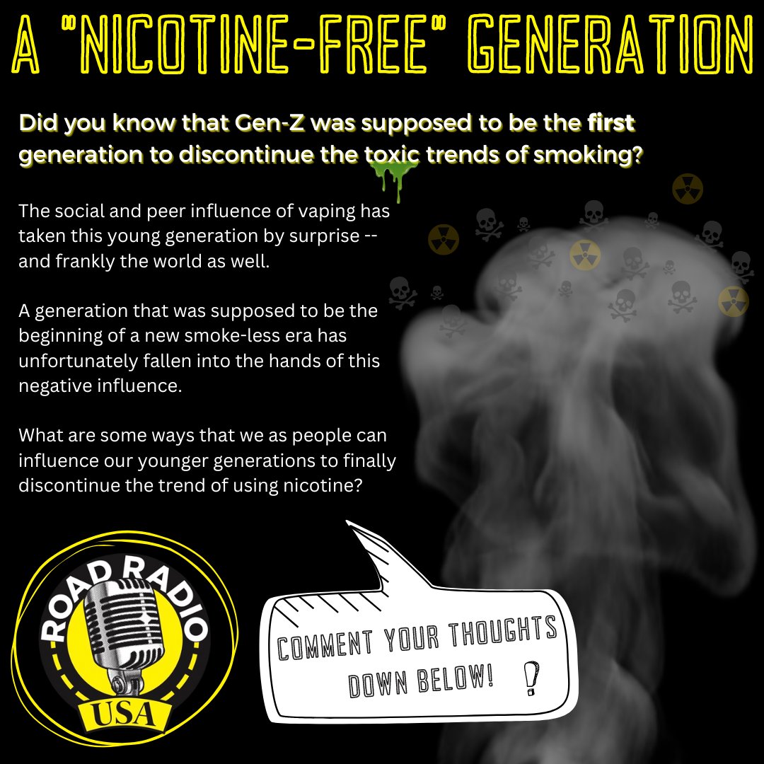 Did you know that Generation Z was supposed to be the first 'nicotine-free' generation?! 

#roadradiousa #roadradio #stopsmoking #stopthevapingepidemic #stopvaping #vapingisntcool #genz #generationz #prevention #alcoholprevention #underagedrinkingprevention