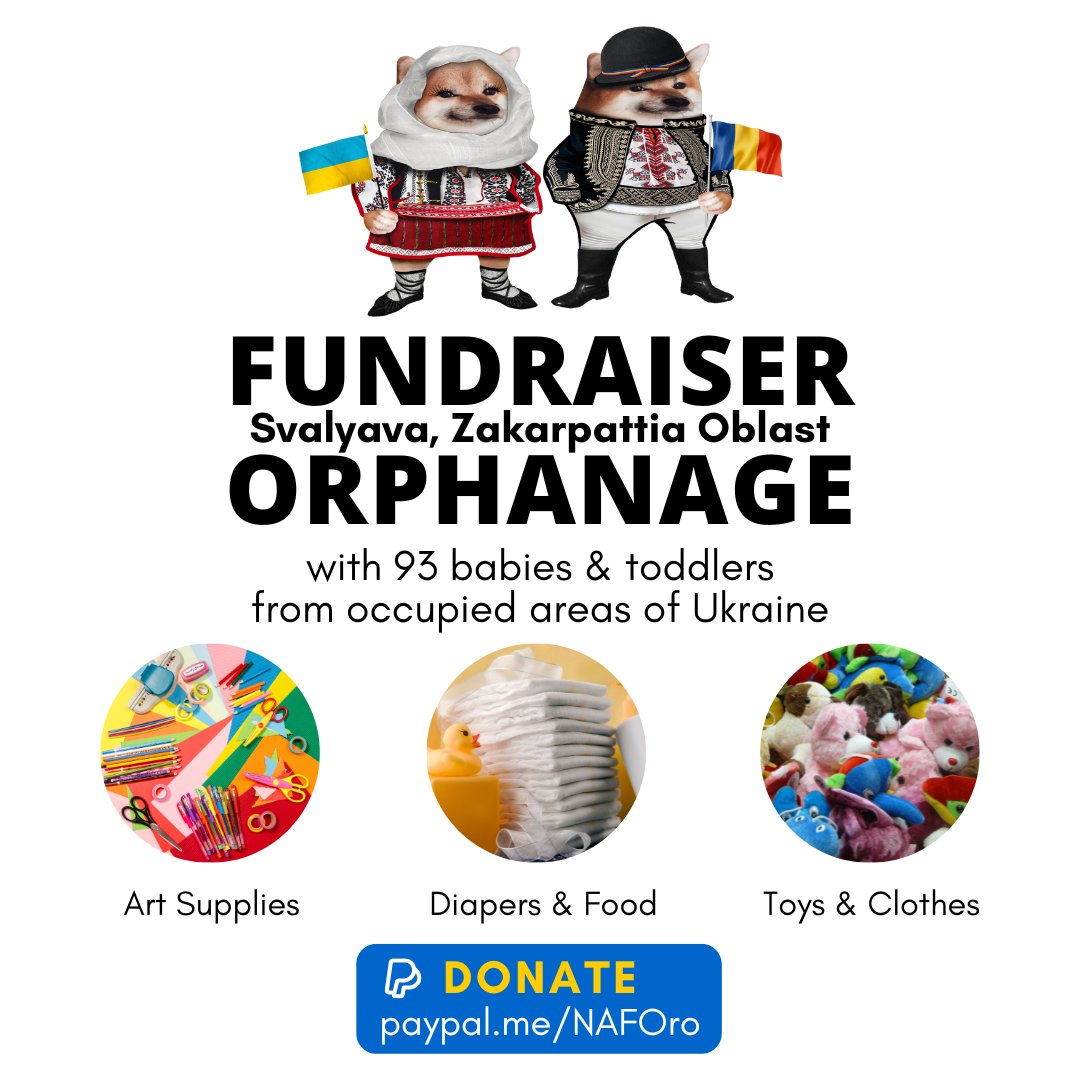 NAFO_RO's tweet image. 🇷🇴 #NAFO_RO 🇺🇦 #Fundraiser

▶️ Orphanage ~ Svalyava, Zakarpattia Oblast 
⏸️ Babies, toddlers &amp;amp; preschoolers (0-4 y/o)

⏩ Donations ~ PayPal.me/NAFOro
⏹️ Deadline ~ March 26th 

The items we will purchase will be delivered with kindness by our amazing friend, @Ztele85.