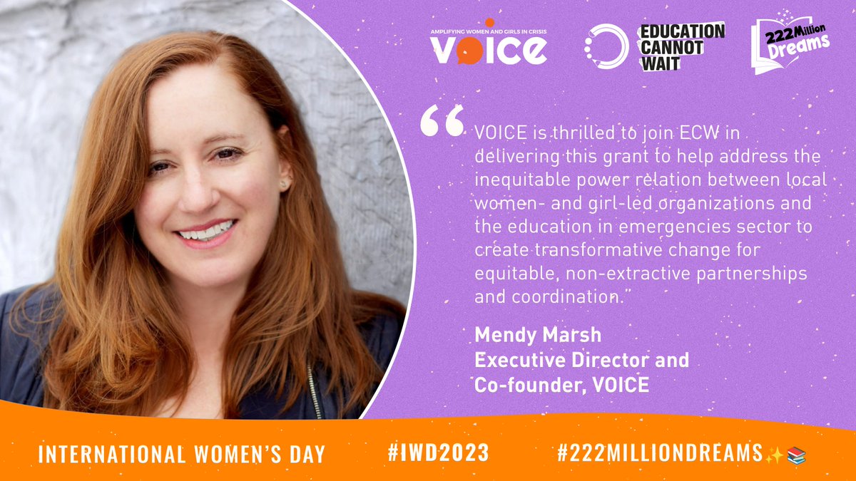 📣#ECW announces investment to advance #GenderEquality in #EiEPC on #IWD2023!

“@Voicesamplified is thrilled to join #ECW in delivering grant to help address the inequitable power relation b/w local women/girl-led orgs & #EiE sector.' ~@Marsh_Mendy

More➡️bit.ly/3ZrfOhZ