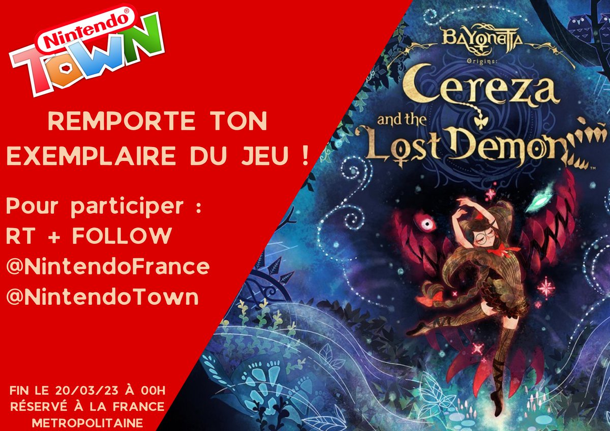 NintendoTown's tweet photo. A l’occasion de la sortie de la démo sur l’Eshop, Nintendo s’associe à nous pour vous faire gagner un exemplaire de #BayonettaOrigins : Cereza and the Lost Demon !

#RT + #Follow @NintendoFrance et @NintendoTown pour participer !

Exclu France Métropolitaine 
Fin : 20/03/23 https://t.co/Jt3pMTVQKL