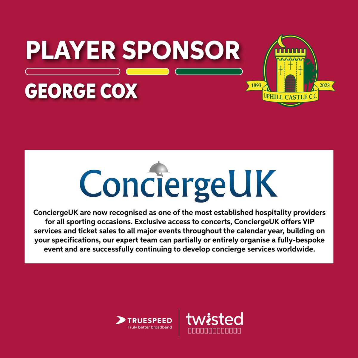 🔥 Player Sponsorship 🔥

Uphill Castle are delighted to announce the sponsorship of 1st XI player George Cox by <a href="/ConciergeUK/">ConciergeUK</a> 

George has been a 1st XI regular since his debut in 2010, amassing over 2,000 runs and 200 wickets.

(1/2)