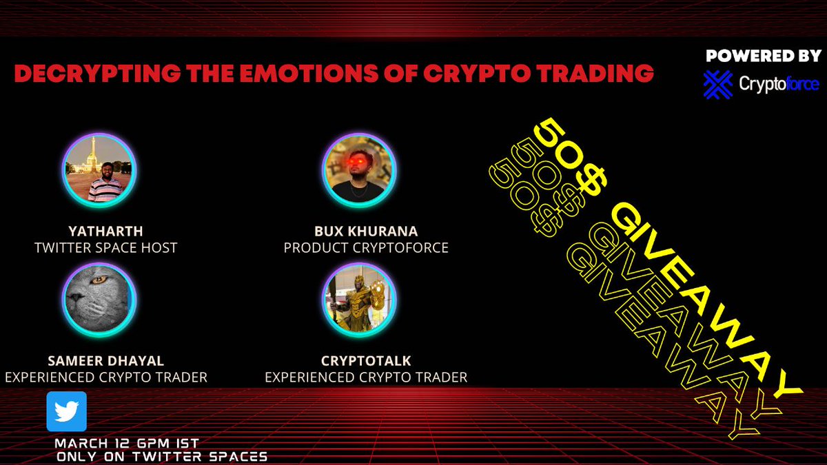 🚨Twitter Space Alert (powered by @cryptoforcex)

🎙️ Decrypting The Emotions Of Crypto Trading

🗓️March 12, 6PM IST

📍Don't forget to mark your reminder
x.com/i/spaces/1mnGe…

Rules to take part in #Giveaway (5x$10)

➡️Like and RT
➡️Follow @cryptoforcex
➡️Tag a trader down