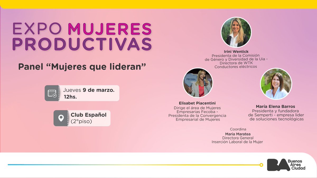 👩‍🦰 En el marco de la #ExpoMujeresProductivas, el panel central estará dedicado a reconocer la experiencia y trayectoria de tres mujeres líderes de diversos sectores productivos. Vení a escuchar a <a href="/iriniw/">Irini Wentinck</a>, <a href="/ElisabetPia/">Elisabet Piacentini</a> y Maria Elena Barros.

Inscribite en bit.ly/3SG2Qu7