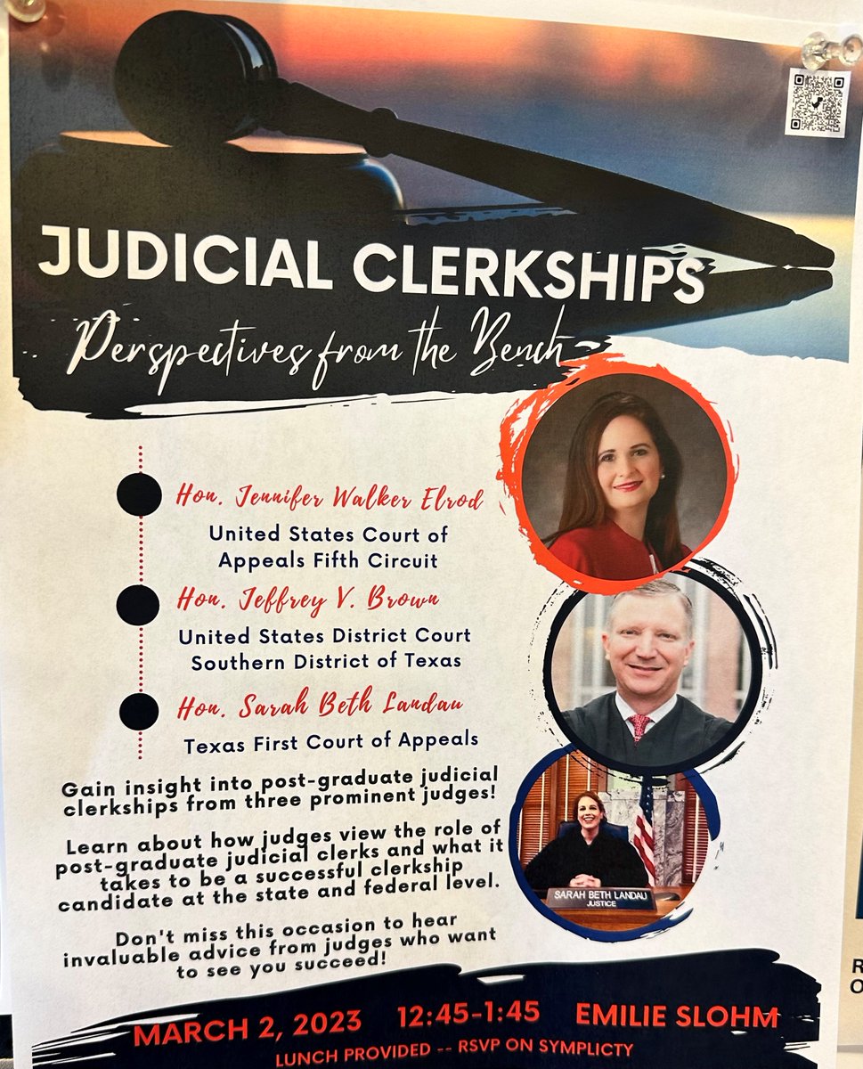 JusticeLandau's tweet image. Had such a great time talking to students at South Texas College of Law about clerkships with this fab panel. Wonderful to see the courts' past summer interns considering this path! #STCL #clerkships #internships