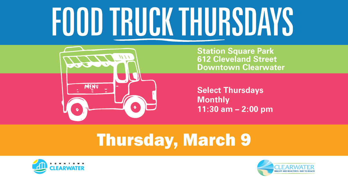 MyClearwater's tweet photo. Join us for #FoodTruck Thursdays in Downtown Clearwater! Celebrate baseball w/ mascots @RaysBaseball #DJKitty & @PhinleyThresher: Station Square Park, 612 Cleveland St., on Thu 3/9 from 11:30 a.m. โ 2 p.m. Trucks include Jersey Dogs Food Truck,
@giggletrucks, & Martejas Delites https://t.co/e2i3urW1V2