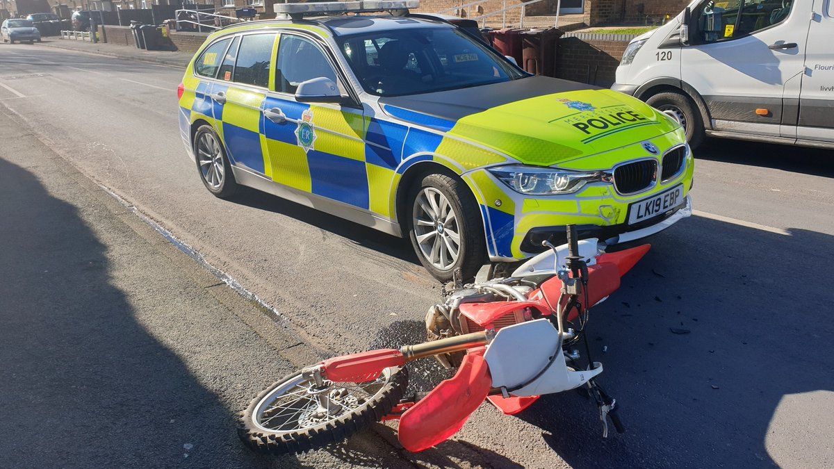 MerPolTraffic's tweet photo. Tactical contact was made with an illegal off road motorcycle yesterday after it was seen being ridden in a dangerous manner in the Prescot area. A 19 year old male was later arrested for dangerous driving and is currently in custody. #syn4 #mrpu https://t.co/MgnFzgjSUi