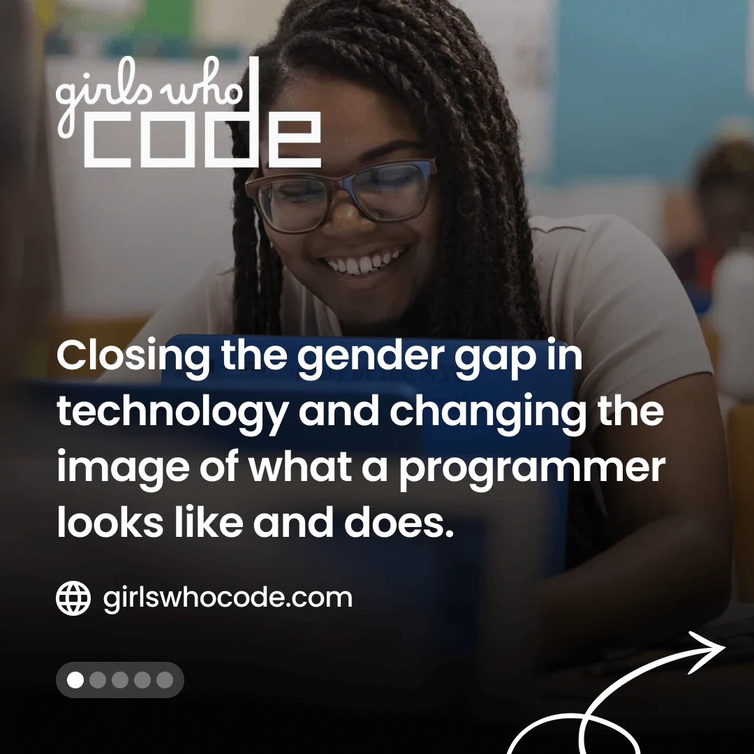 Image of a brown haired young woman smiling and working on a computer. 
"girls who code, closing the gender gap in technology and changing the image of what a programmer looks like and does. girlswhocode.com"