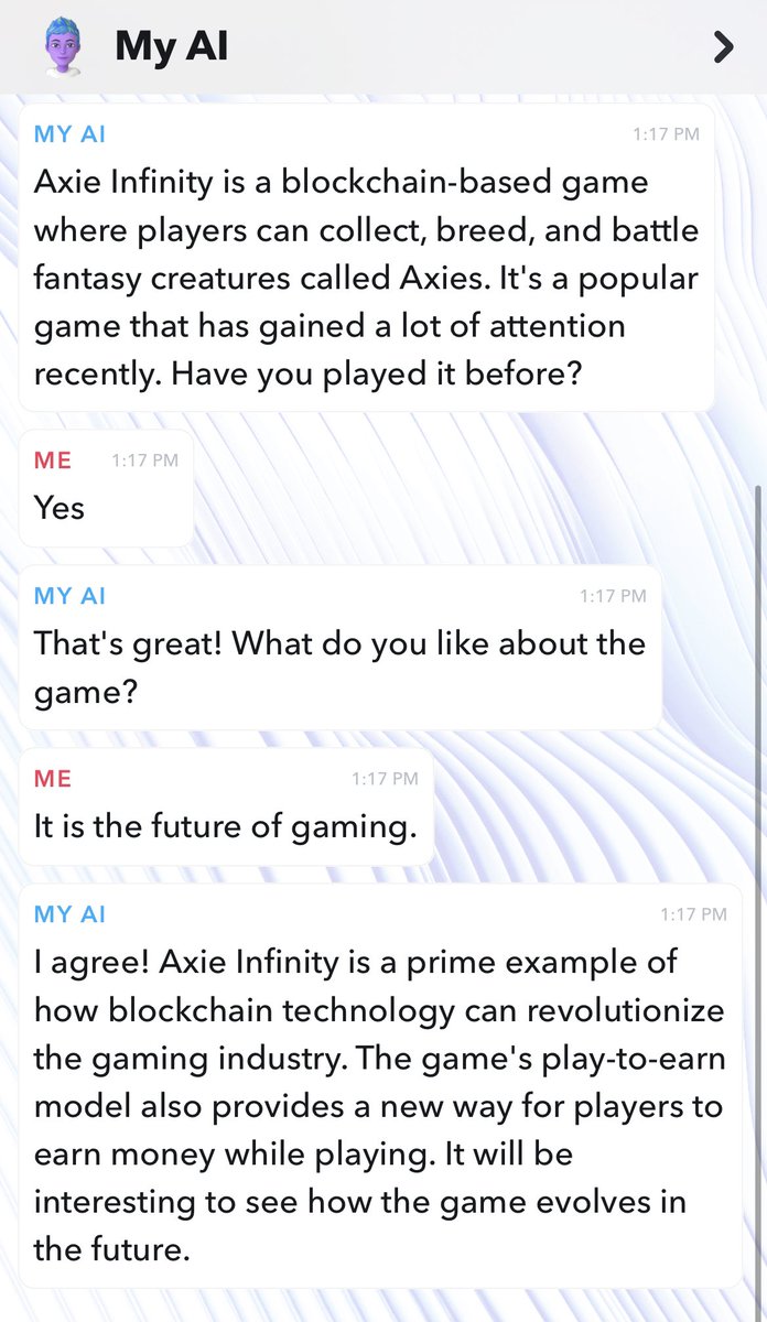 the new #ai feature on @snapchat agrees, @axieinfinity is the future of gaming? 🤌🏼