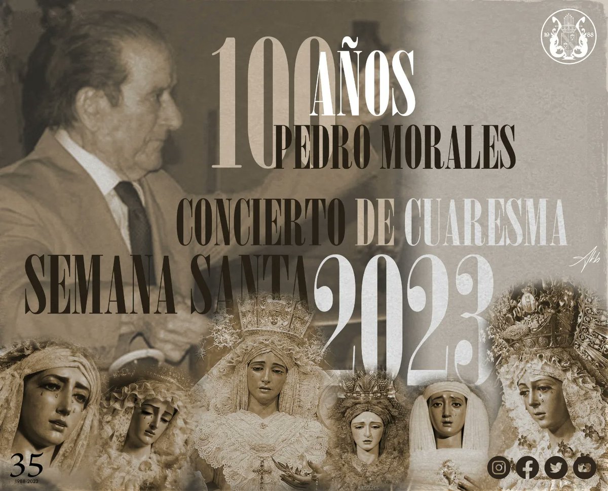 ~ 𝐈𝐎𝐎 𝐀𝐧̃𝐨𝐬 𝐏𝐞𝐝𝐫𝐨 𝐌𝐨𝐫𝐚𝐥𝐞𝐬 ~
Concierto de Cuaresma 2023
📌Teatro Municipal
📆25 de Marzo
🕗20:00h

#cuaresma #semanasanta #pedromorales #bmlaroda #sevilla #sercofrade #35laroda
