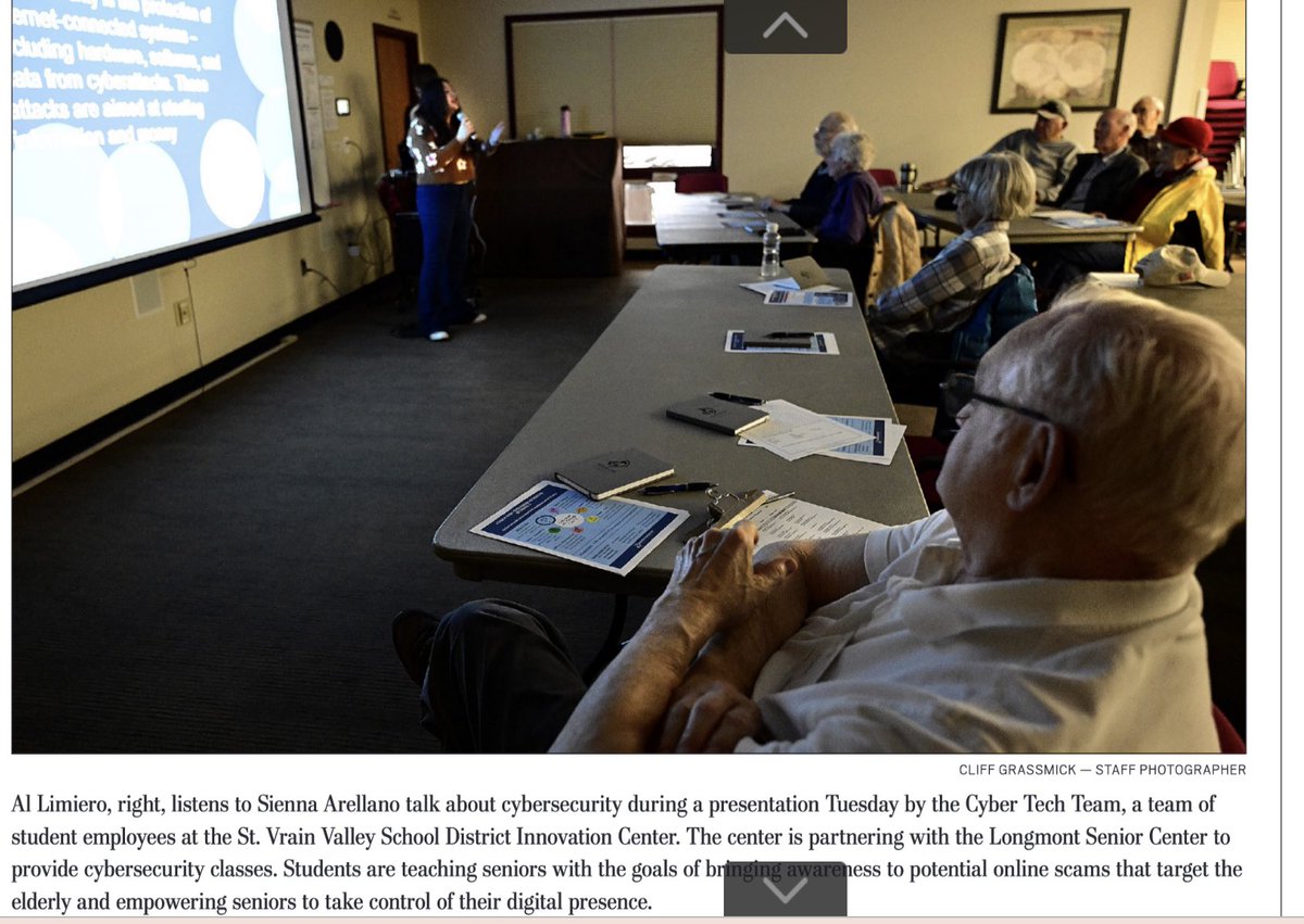 Yesterday was the first session of the Cyber Savvy Senior Citizens course. <a href="/ICSVVSD/">Innovation Center</a> Cyber Tech Team students taught local senior citizens how to stay cyber safe. I’m so thankful to be part of this amazing project. <a href="/bethcerrone/">Beth Cerrone</a> #StVrainStorm