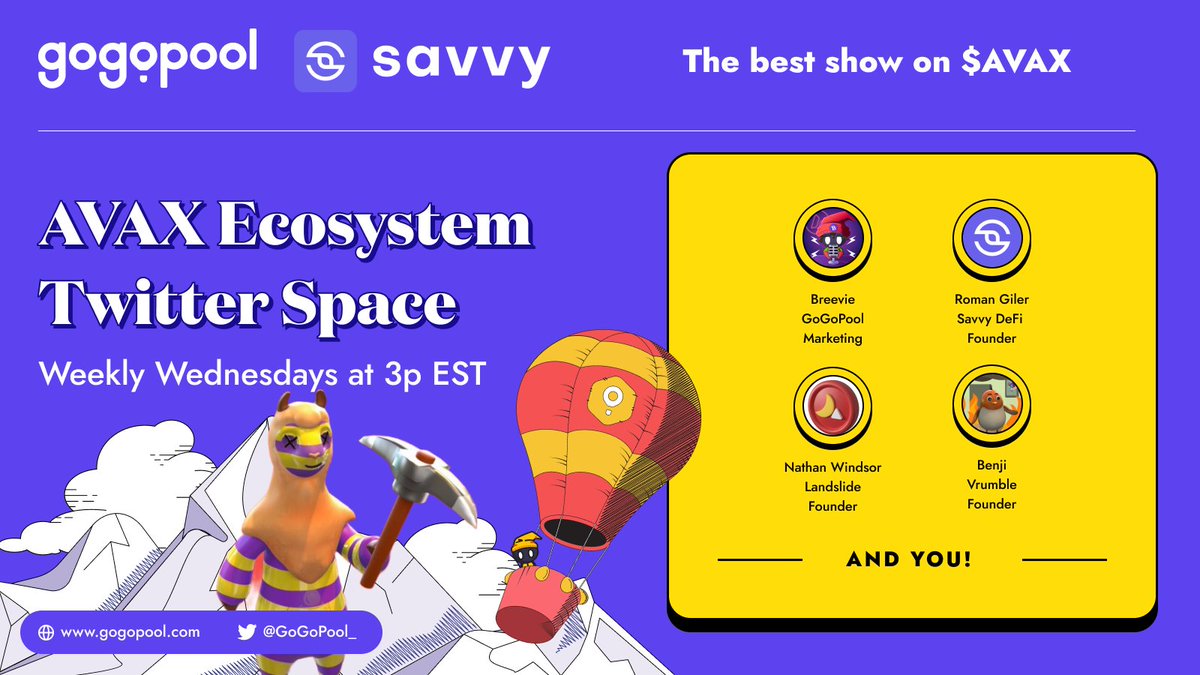 Are you an esports lover who wants to build your own gaming community? This space is a cant miss! 😱🔺

Join @vrumbleapp, @GoGoPool_  + @SavvyDeFi @CosmosAVAX to talk about:
- Gameshow gameplay 
- Esports
- Their live streaming focus
- NFTs 

Set reminder:
x.com/i/spaces/1yojm…