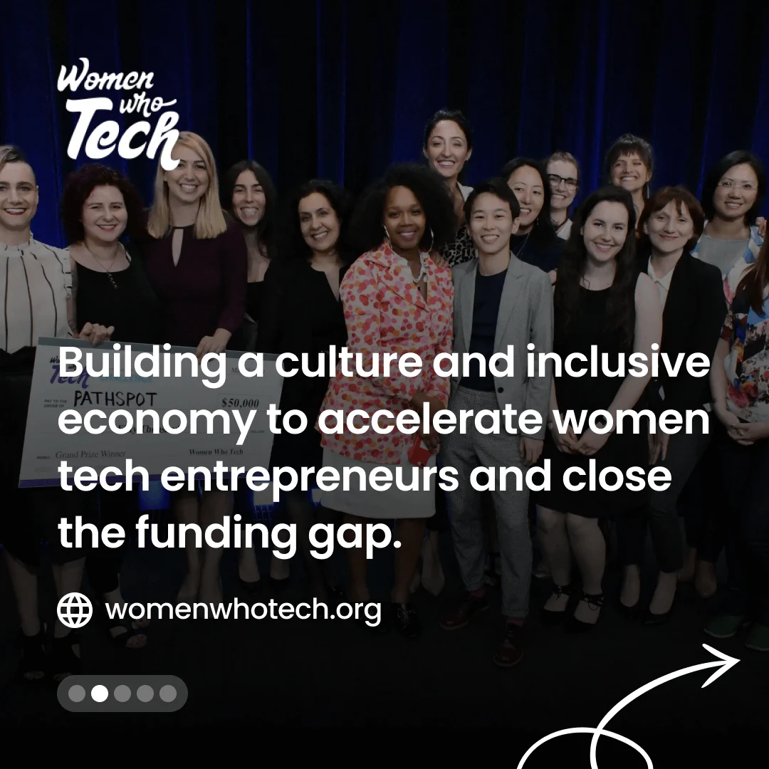 Image of a group of women smiling into the camera. "Women who tech. Building a culture and inclusive economy to accelerate women tech entrepeneurs and close the funding gap. womenwhotech.org"