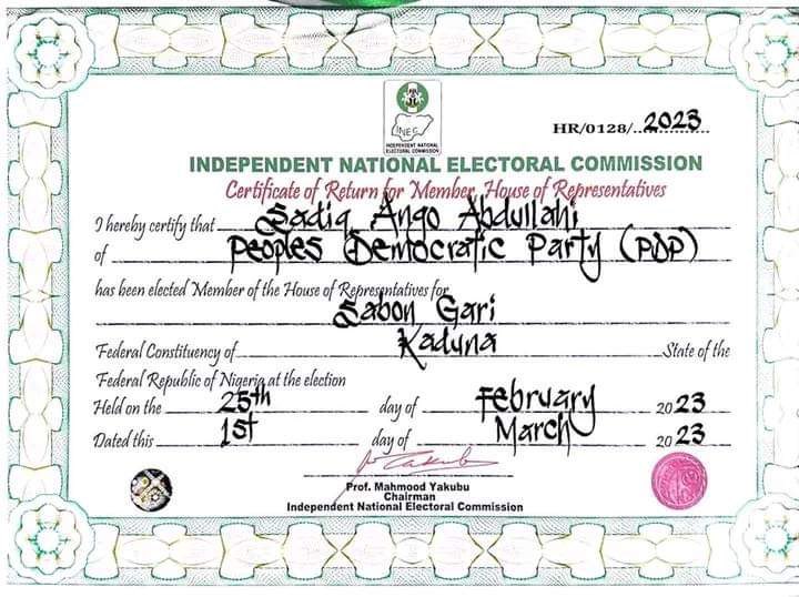 sadiqango's tweet photo. Today I received my certificate of return from the INEC. I wish to thank all my supporters, stakeholders and the PDP campaign council for all the hard-work put in to achieve this goal. I look forward to a productive and fruitful representation of my constituents. https://t.co/6KwjKSkXvm