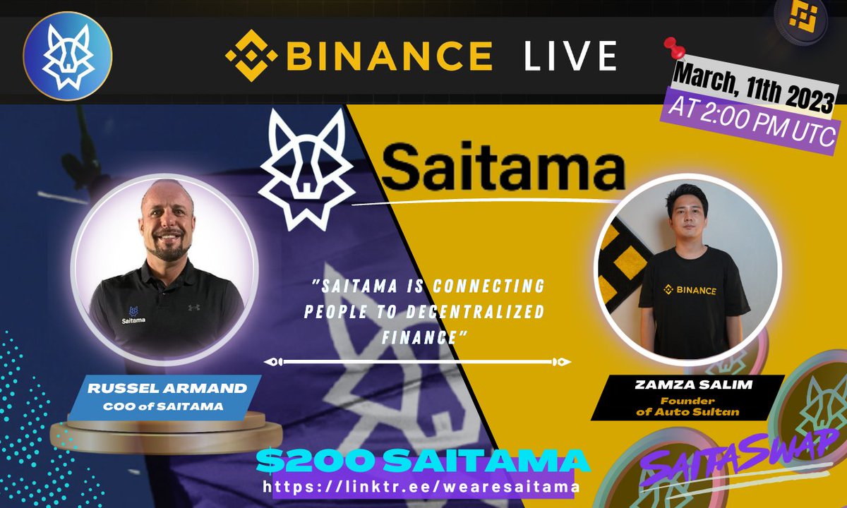 Ready Meet The Hype Project in The world ?
We Present #AMABinanceLive wth @WeAreSaitama 🔥

🎁 200 $SAITAMA
📆 March,11th 2023
⏰ At 2PM UTC
🏨 binance.com/en/live/video?…

📌RULES
Follow @WeAreSaitama
Join TG t.me/saitamainunews

LIKE RT &amp; Comment Your Q (3Q MAX) Tag 3 FRIENDS‼️