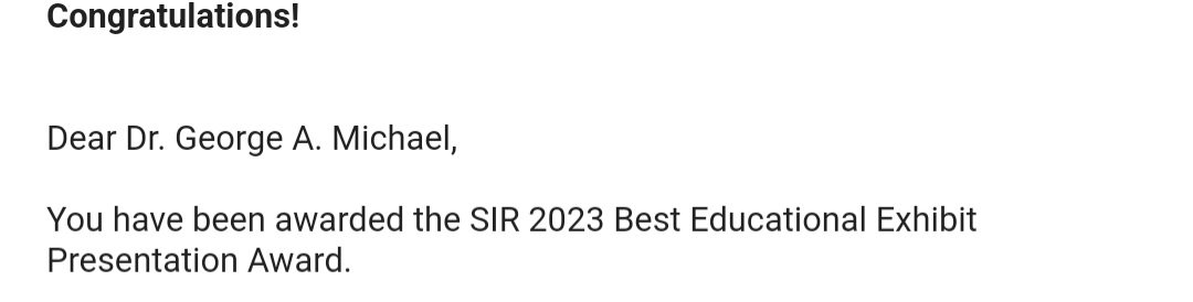 George Michael (@_gmike_) on Twitter photo So very honored to have received the award for best educational exhibit at #SIR23PHX! So proud of the best team of co-residents and lucky to have <a href="/vgallo83/">Vincent Gallo</a> as a mentor! So very honored to have received the award for best educational exhibit at #SIR23PHX! So proud of the best team of co-residents and lucky to have <a href="/vgallo83/">Vincent Gallo</a> as a mentor!