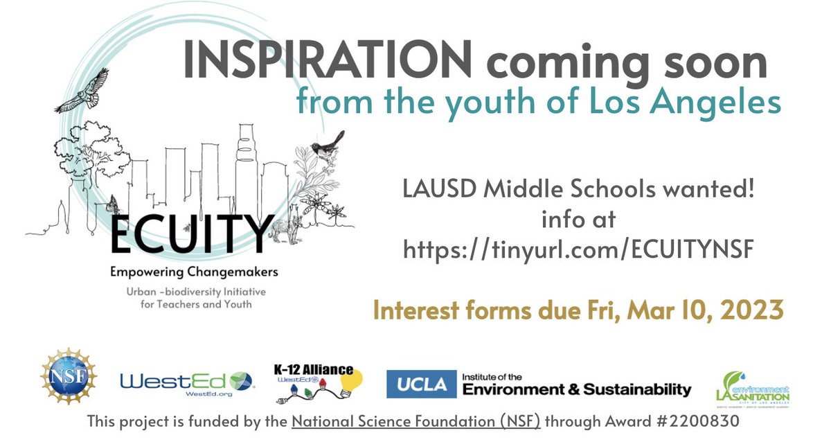 K-12 Alliance (@k12alliance) on Twitter photo Due FRIDAY! Middle School
<a href="/LASchools/">Los Angeles Unified</a> teachers we'd love you to join our NSF ECUITY team to empower youth to protect their local biodiversity. More info at tinyurl.com/ECUITYNSF PM us if you have questions #CANGSS #NGSS <a href="/WestEd/">WestEd</a> <a href="/UCLAIoES/">UCLA Environment</a> <a href="/LACitySAN/">LA Sanitation & Environment ♻️💧🌳</a> Due FRIDAY! Middle School
<a href="/LASchools/">Los Angeles Unified</a> teachers we'd love you to join our NSF ECUITY team to empower youth to protect their local biodiversity. More info at tinyurl.com/ECUITYNSF PM us if you have questions #CANGSS #NGSS <a href="/WestEd/">WestEd</a> <a href="/UCLAIoES/">UCLA Environment</a> <a href="/LACitySAN/">LA Sanitation & Environment ♻️💧🌳</a>