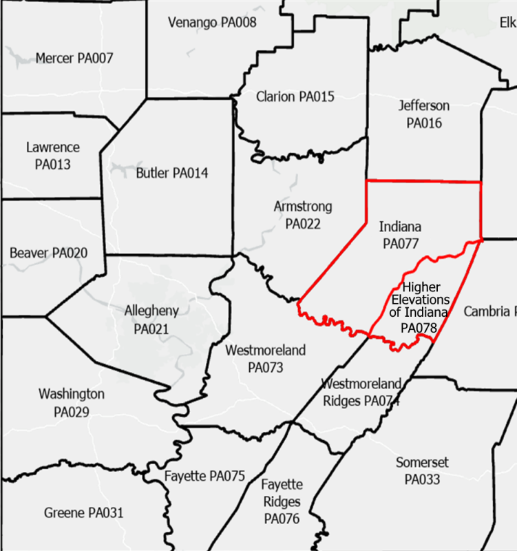 NWSPittsburgh's tweet photo. 🚨The Indiana County zone split is in effect as of today.  The intent is to better serve these two distinct areas, as elevation differences have notable impacts to temperature, precipitation, accumulation, etc.  Full statement can be found here: https://t.co/oKmVp4KJbS https://t.co/BCIIcv8RdS