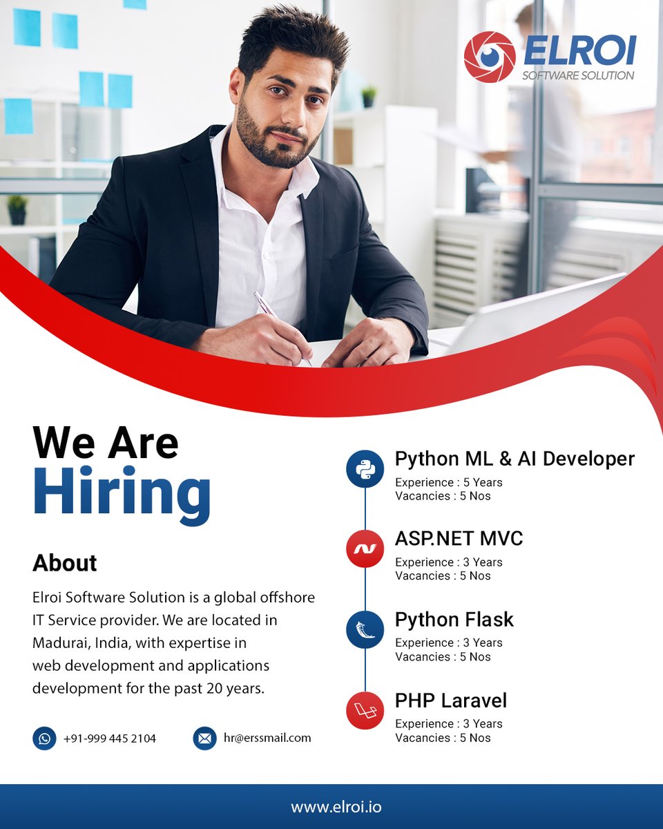 Elroi_Software's tweet image. Elroi Software Solution is hiring now...
#elroisoftware #elroihiring #pythondeveloperjobs #pythondevelopment #mvcframework #phplaraveldeveloper #pythonflaskdeveloper #hiring #jobs #developerjobs #pythonprogramming #softwaredevelopment #appdevelopment #webdevelopment