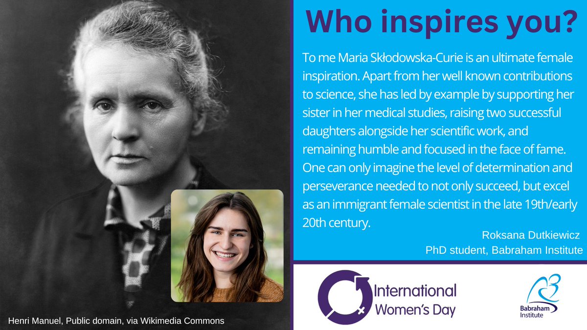 BabrahamInst's tweet photo. Finishing our #IWD2023 celebrations with a huge scientific hero, Maria Skłodowska-Curie, highlighted by PhD student Roksana Dutkiewicz. Check back later for a full round up of the 17 women we've celebrated today. 
@r_dutkiewicz @Sharpe_Lab https://t.co/72DR1JGCPK