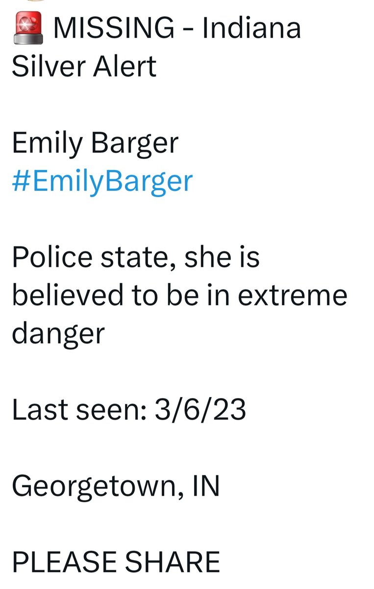 MaryMacElveen's tweet photo. URGENT: Get this Missing Persons Alert Out on ALL OF YOUR Social Media platforms! Her name is #EmilyBarger CONTACT the Floyd County Sheriff's Department at 812-948-5400 if YOU have any information. Thank you! https://t.co/7YTvodeZyT